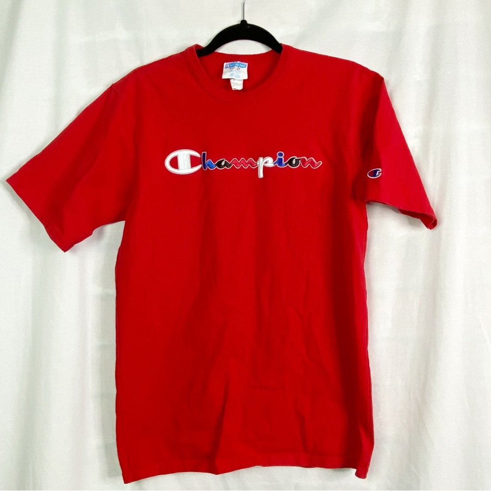 Champion Red Vintage 90’s T-shirt Embroidered Spellout Logo Med